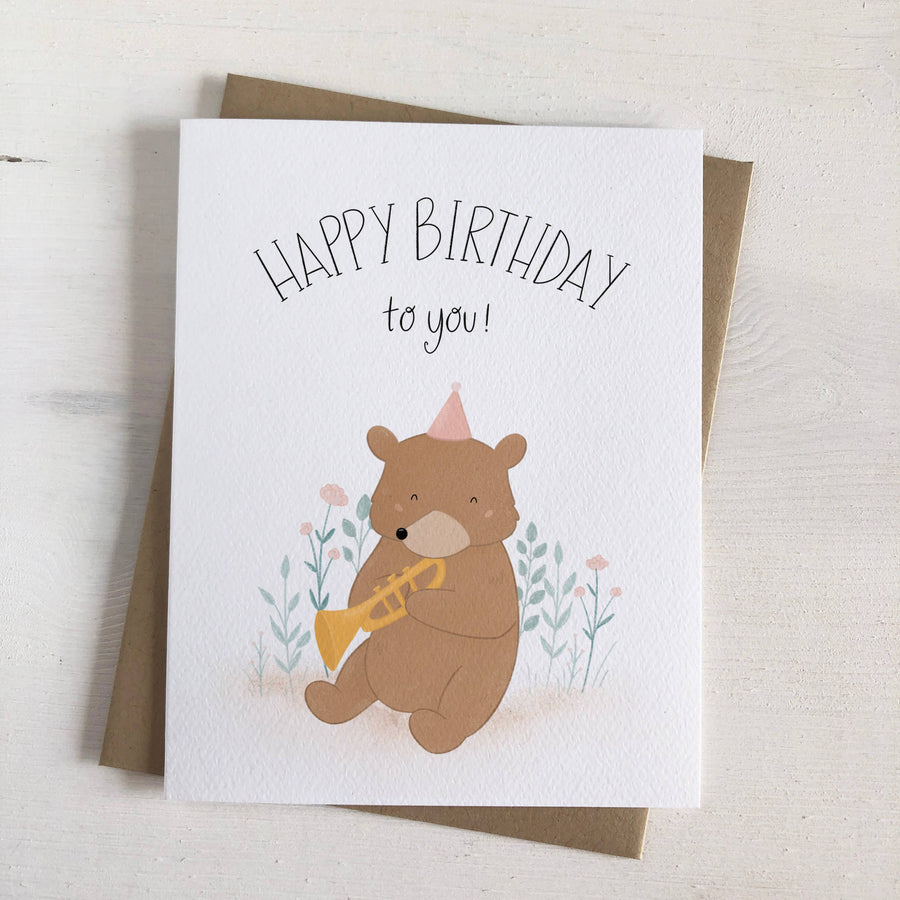 Happy Birthday Song - Trumpet Bear Celebration Greeting Card