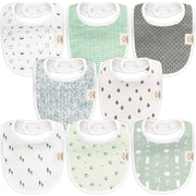 A set of eight classic baby bibs with a mix of green and white tones, featuring minimalist nature patterns like trees, leaves, and geometric designs, made from soft, absorbent fabric.