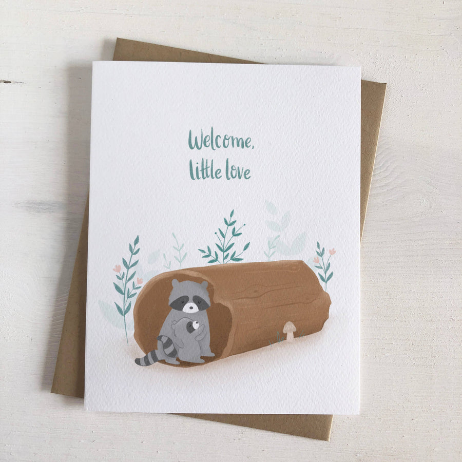 Welcome Little Love - Raccoon New Baby Greeting Card