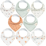 A collection of eight bandana bibs in various neutral and nature-inspired prints, including animals, vehicles, leaves, and paw prints, displayed in a neat arrangement.