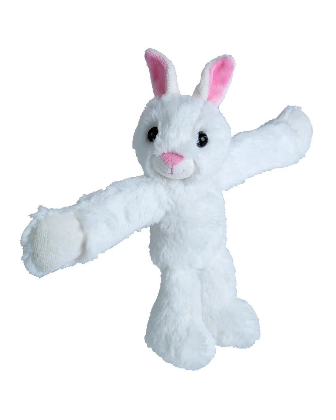White plush bunny toy with pink ears on a white background