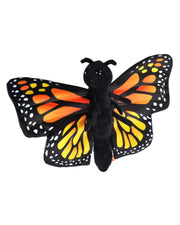 Butterfly-shaped plush toy with orange, yellow, and black wings on a white background
