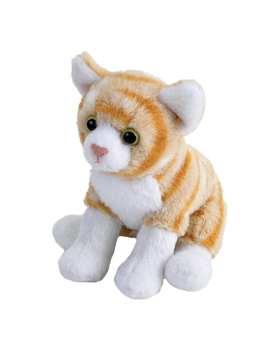 Plush toy cat with orange and white stripes on a white background