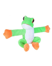 Green plush frog toy with orange feet on a white background