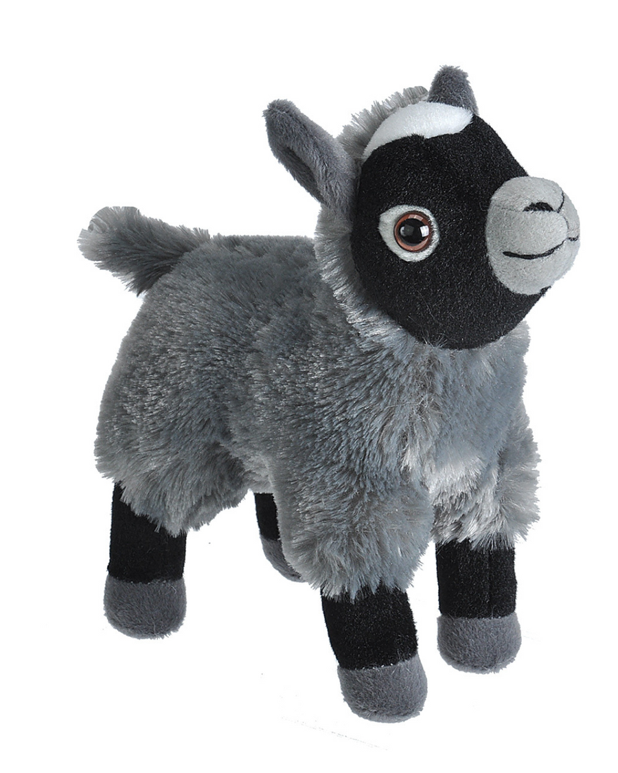 Plush grey goat on white background