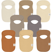A selection of solid-colored baby bibs in warm, earthy tones, including shades of brown, beige, and gray, offering a simple and timeless look for everyday use.