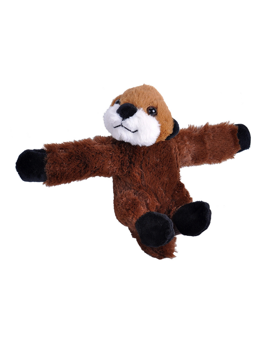 Plush toy shaped like a brown animal with outstretched arms on a white background