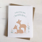 Two Little Dears - Twin Fawns Woodland Baby Greeting Card