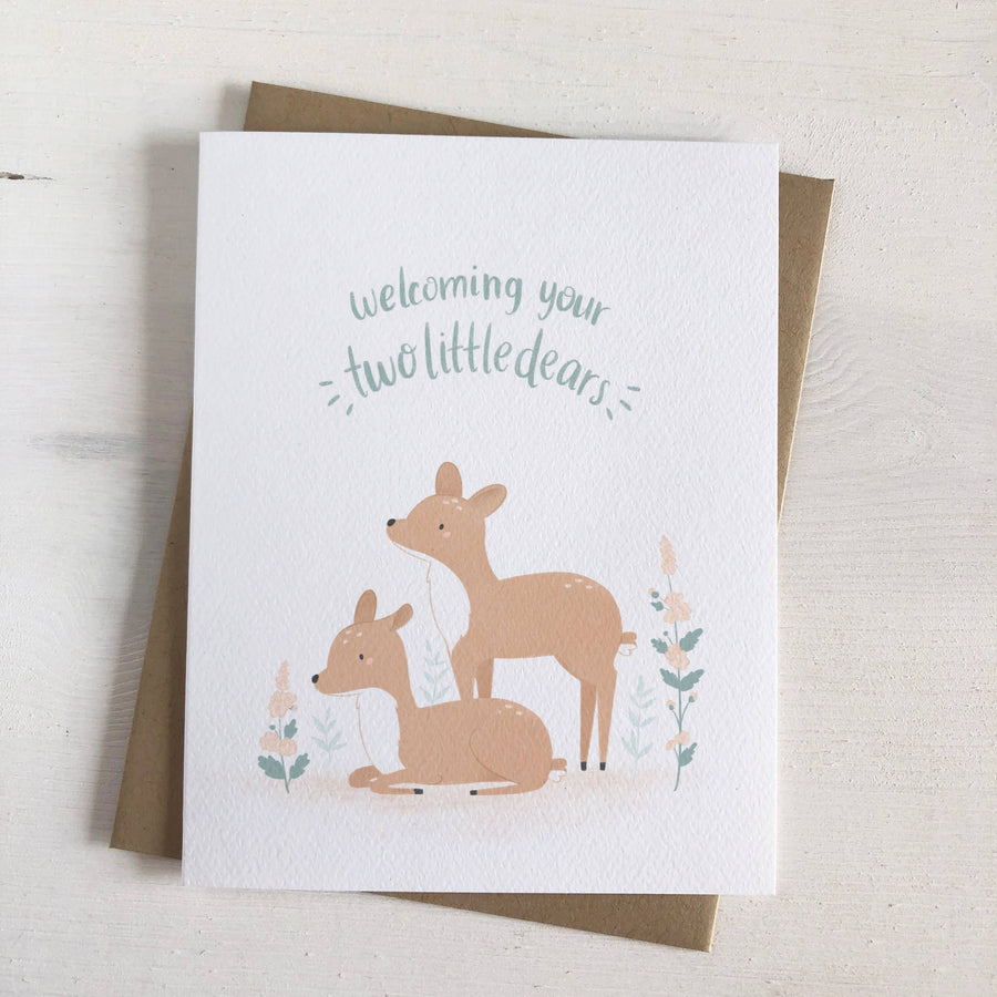 Two Little Dears - Twin Fawns Woodland Baby Greeting Card