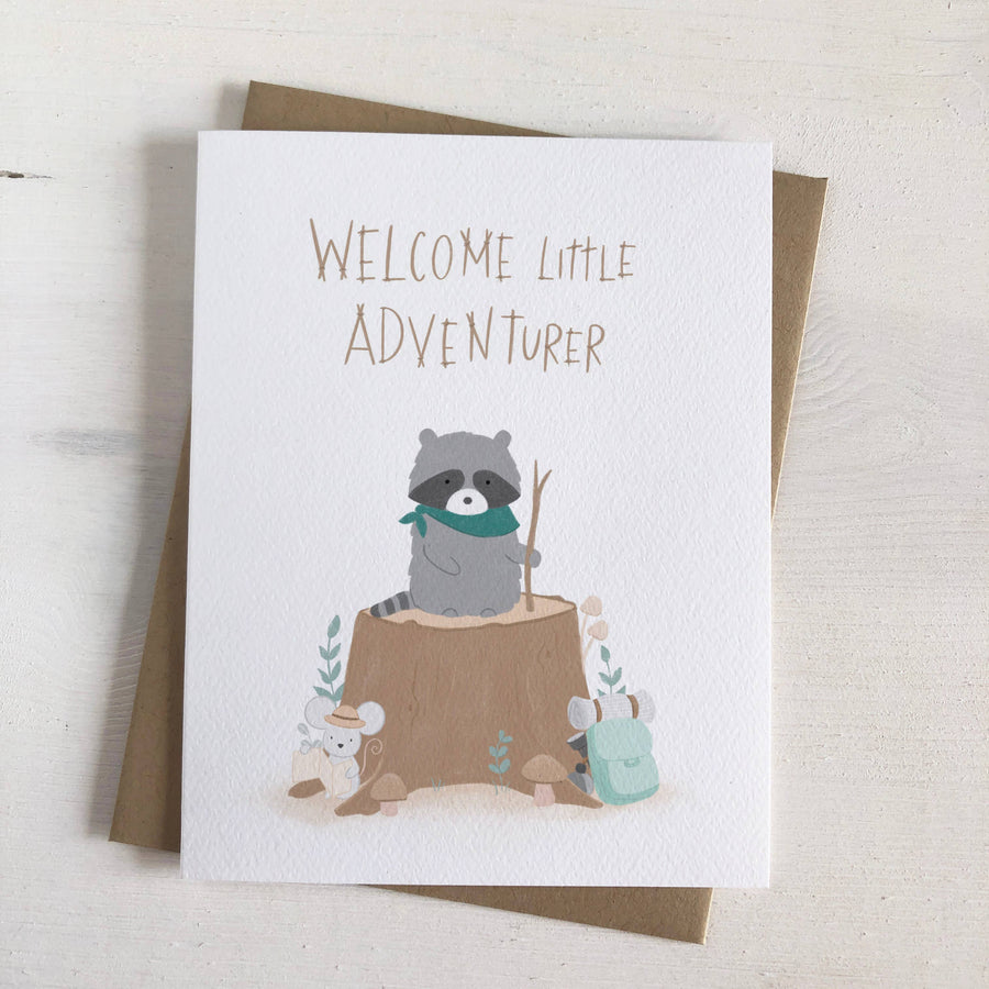 Welcome Little Adventurer - Raccoon Welcome New Baby Card
